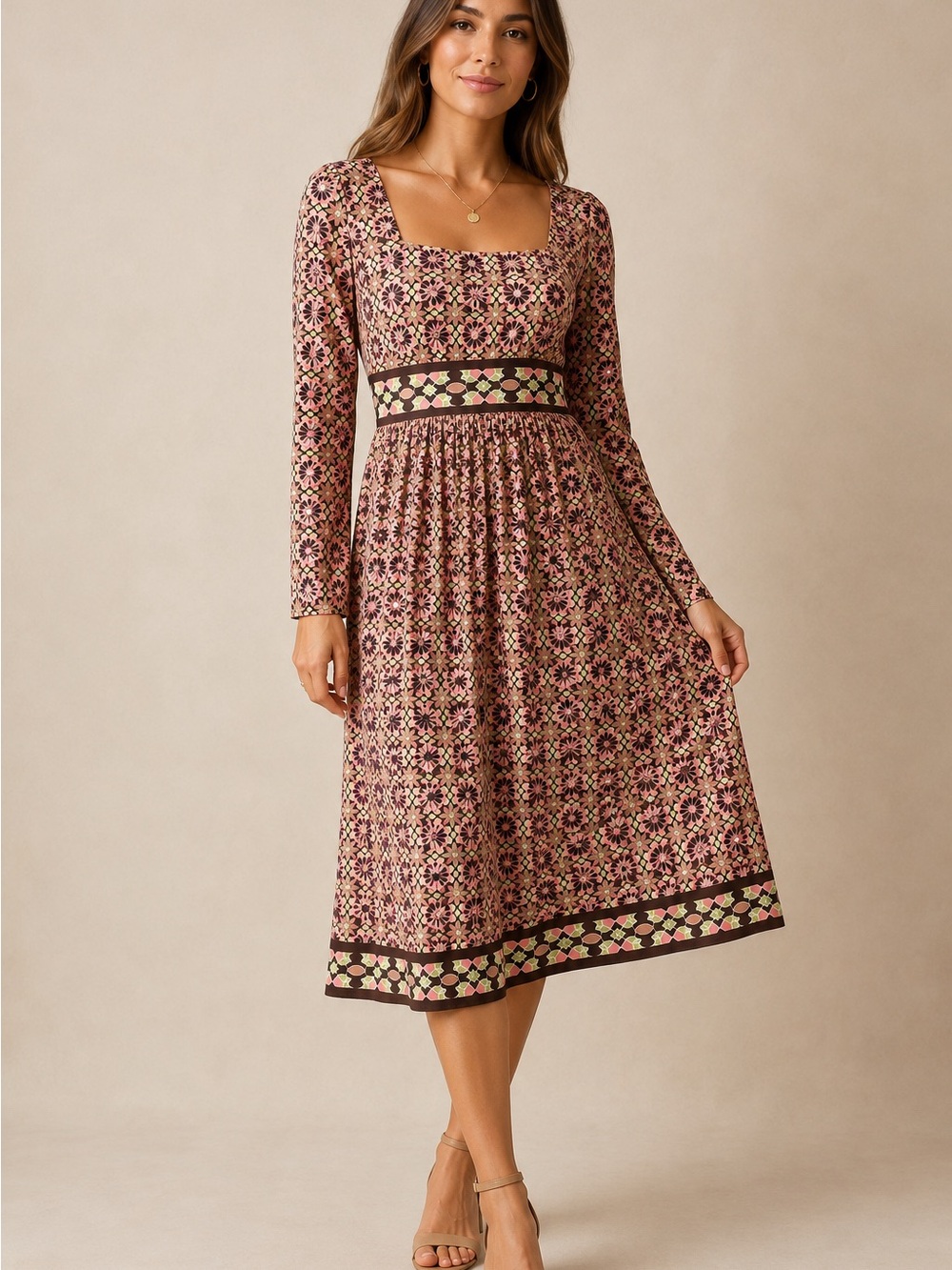 London Times Retro Floral Geometric Print Long Sleeve Floral Midi Dres